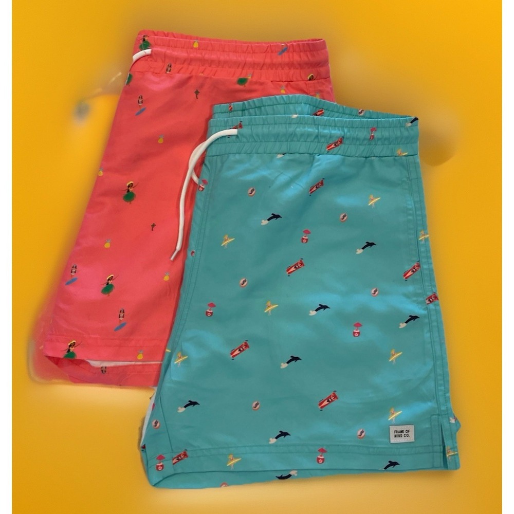 Men's Aqua & Coral Micro Print Swim Trunks